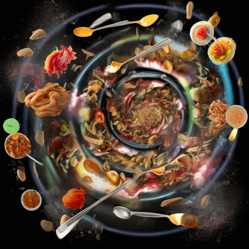 Prompt: tornado with a spoon in the middle with various foods spinning in the vortex