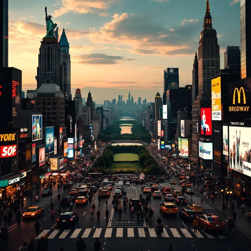 Prompt: there is Times square, Central park, Statue of Liberty and Brodway