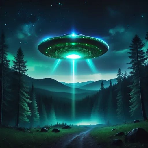 Prompt: एक रहस्यमयी UFO जो रात के अंधेरे आसमान में चमक रहा है, चारों तरफ चमकदार नीली और हरी रोशनी बिखेर रहा है। आसमान में तारों का सुंदर नजारा है और नीचे एक घना जंगल है। UFO गोल आकार का है, जिसके नीचे से लाइट्स की तेज बीम जमीन की तरफ जा रही है। बैकग्राउंड में पहाड़ और हल्का कोहरा दिख रहा है, सीन पूरी तरह से साइंस फिक्शन और रहस्य से भरा हुआ 