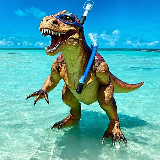 Prompt: Goggles and Snorkel: To top off the outfit, the T-Rex could be wearing swim goggles and a snorkel, as if it’s completely prepared for anything but the actual storm.