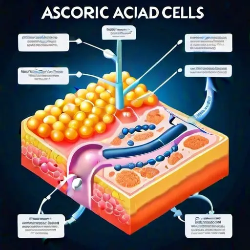 Prompt: Flowchart-style illustration of the complex process of ascorbic acid in human skin cells, detailed molecular structure, cellular interaction, vitamin C synthesis, educational, scientific, detailed, professional, informative, high quality, digital illustration, scientific style, clear and precise, vibrant coloring, bright and illuminating lighting