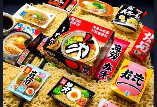 Prompt: Japanese instant ramen subscription box ad, vibrant and colorful, anime-style characters, mouth-watering close-ups of different ramen bowls, traditional Japanese ramen chef, high quality, detailed, anime, vibrant colors, traditional, delicious close-ups, subscription box, professional lighting