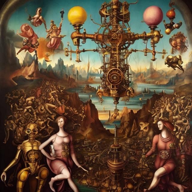 Prompt: bright, surreal cross between a Renaissance and steampunk painting