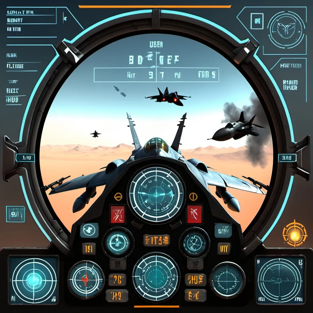 Prompt: fps game with HUD user interface, jet fighter,UI hud