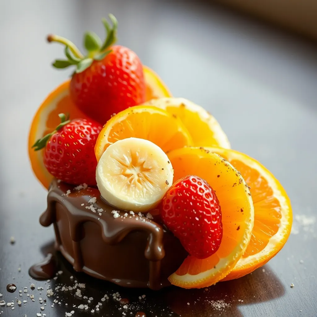 Prompt: Orange, strawberry and banana chocolate together in high quality