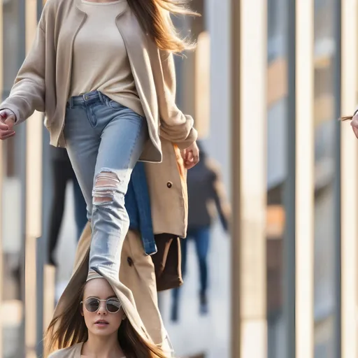 Prompt: Tall young woman walking down the high street, detailed clothing, realistic, natural lighting