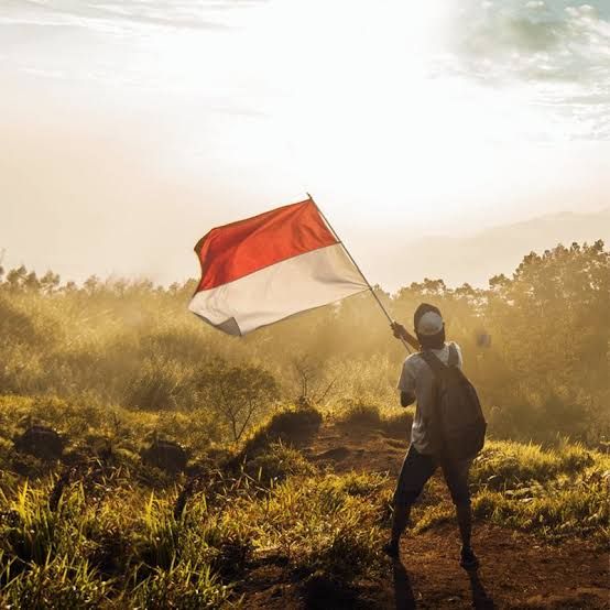 Prompt: Hyper quality photography in nature, a young man with nasional flag of indonesia.