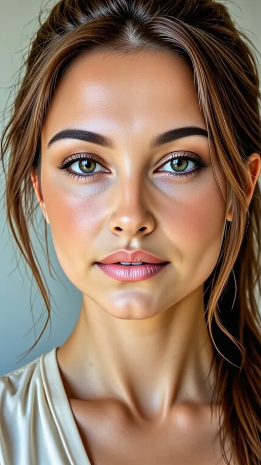 Prompt: This is a highly detailed, close-up photograph of a young woman with a flawless, fair complexion and striking green eyes. Her eyebrows are well-defined and dark brown, contrasting with her light brown, wavy hair that is loosely pulled back, with a few strands falling gently around her face. She has full, arched eyebrows, long, dark eyelashes, and subtle, shimmery eyeshadow that enhances her eye color. Her cheeks are slightly blushed, and her lips are full and painted with a glossy, coral-pink lipstick. She is wearing a white, slightly shiny top with a soft, rounded neckline, which is only partially visible. The background is softly blurred, featuring a light, neutral color that keeps the focus on her face. The lighting is natural and soft, highlighting her smooth skin and the gentle contours of her face. The photograph has a realistic, yet slightly enhanced, almost airbrushed quality, emphasizing her beauty and symmetry. The overall style is modern and polished, capturing a sense of elegance and natural beauty. @6kZ97NEvcrvjuz4L4xIm 