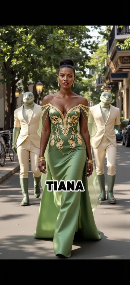 Prompt: The image is a high-quality photograph featuring a confident woman walking down a grand, opulent hallway. She is the central figure, wearing an elaborate, regal outfit reminiscent of ancient Egyptian or Middle Eastern royalty. Her attire consists of a turquoise off-the-shoulder crop top and high-waisted pants with a flowing, translucent overlay. The top and pants are adorned with intricate gold and blue embellishments, including a prominent blue gemstone at the center of her chest. She also wears a gold headpiece with blue accents and multiple gold bracelets on her wrists. Her long, dark hair cascades in loose waves down her back. Behind her, two muscular men in golden armor with turquoise and blue accents follow her. The armor is detailed with tiger-striped patterns, adding a fierce, majestic element to their appearance. The hallway is grandiose, featuring arched ceilings with gold and green detailing, and tall, white columns with blue drapes hanging from them. The floor is a polished black and white checkerboard pattern, reflecting the light and adding to the luxurious feel of the setting. The name "JASMINE" is prominently displayed in bold, black letters at the bottom center of the image. @GXfGGKKyRas3IqmpIX8N