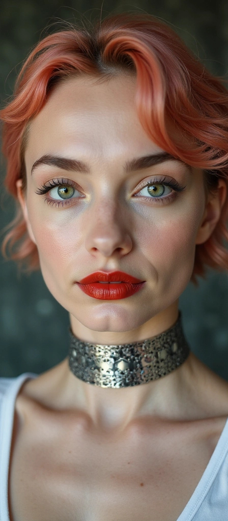 Prompt: This is a close-up photograph of a young woman with a striking, highly stylized appearance. The image focuses on her face and upper neck, capturing intricate details. She has fair skin with a smooth texture and a slightly glossy finish, accentuated by soft, natural lighting that highlights her features. Her eyes are large,light green, with dark, defined eyebrows and long, thick eyelashes, giving her an intense, captivating gaze. Her lips are full and painted with a vivid, glossy red lipstick that contrasts with her pale skin. She has short, wavy hair that is dyed a pastel red, adding a whimsical touch to her look.

Her neck is adorned with a shiny, metallic choker that has an intricate design, reflecting light and adding a modern, edgy element to her appearance. The background is blurred, with indistinct, dark gray and green tones, ensuring that the focus remains on her face. The overall style of the photograph is hyper-realistic, with a slight airbrushed effect that enhances the smoothness of her skin and the vividness of her makeup. The image conveys a sense of modern beauty and elegance, with a hint of futuristic or cyberpunk influence due to the choker and overall aesthetic.