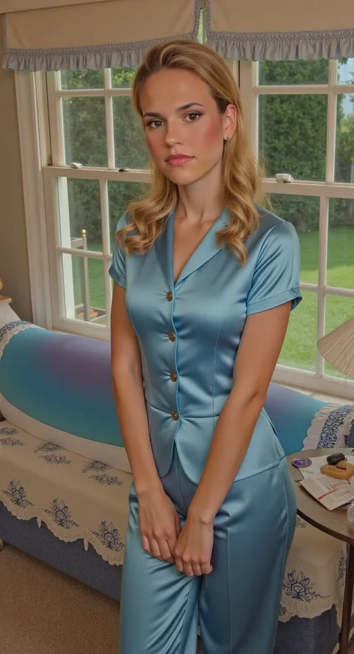 Prompt: This is a highly detailed, realistic photograph of a young woman with a strikingly beautiful face, captured in a close-up portrait. She has fair, smooth skin with a slight blush on her cheeks, and her facial features are delicate and symmetrical. Her eyes are a striking, vibrant blue, framed by long, dark lashes. She has full, slightly parted lips with a natural pink hue. Her hair is a light brown with subtle blonde highlights, styled in loose, slightly messy waves that fall around her face, with some strands tucked behind her ears. She is wearing a black garment with a low neckline, but the focus is primarily on her face. The background is softly blurred, featuring a gradient of blue and yellow hues, which adds a dreamy, ethereal quality to the image. The lighting is soft and natural, highlighting her facial features and creating a gentle glow on her skin. The overall style of the photograph is modern and artistic, emphasizing natural beauty and a relaxed, yet captivating expression. The image has a shallow depth of field, keeping the focus sharply on her face while the background remains softly out of focus. @UTeOpKHd9YbLdC15YE8o
