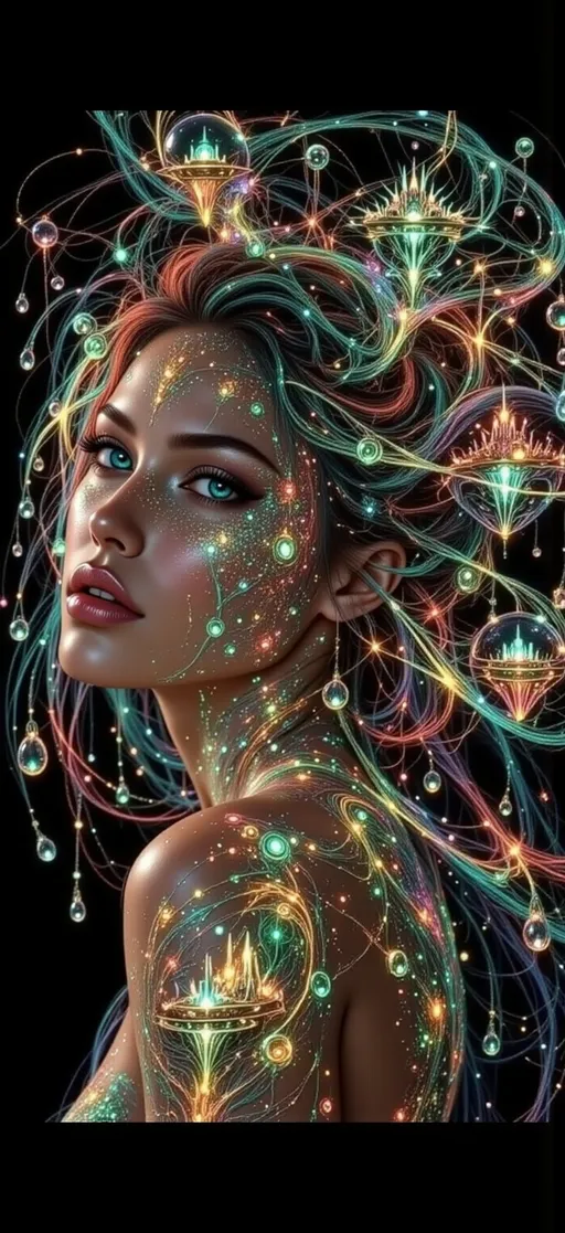 Prompt: This is a highly detailed, digital CGI portrait of a woman with an otherworldly, futuristic appearance. The subject's face is the focal point, dominated by intricate, glowing patterns that resemble neon circuitry or bioluminescent designs. These patterns are predominantly green and yellow, with some orange accents, and they cover her forehead, cheeks, nose, and chin, creating a symmetrical, almost tribal-like effect. Her skin is a rich, dark brown, contrasting starkly with the luminous patterns. Her eyes are a piercing green, matching the neon glow, and they are slightly narrowed, giving her a focused, intense expression. Her lips are full and painted a subtle, natural pink. She has long, dark braids that are intricately styled and adorned with small, glowing beads that match the neon patterns on her face. The background is entirely black, which makes the glowing patterns on her face stand out even more. The texture of the patterns appears to be smooth and liquid-like, as if they are part of her skin rather than applied to it. The overall style of the image is hyper-realistic, with a sci-fi or cyberpunk aesthetic. The image is highly detailed, with a focus on the contrast between the natural and the artificial. @VXK2RHJvvjwyCKoZxydz