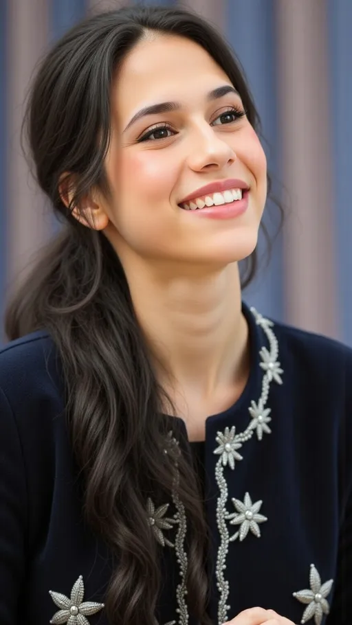Prompt: This photograph features a young Asian woman with fair skin and long, straight black hair, which is partially tied back. She has a warm, genuine smile with slightly parted lips, revealing her white teeth. Her eyes are almond-shaped and she has subtle, natural makeup with a hint of pink blush on her cheeks. She is wearing a dark navy blue, long-sleeved coat adorned with intricate silver embroidery in the shape of floral and geometric patterns. The coat has a soft, textured fabric that contrasts with the shiny, delicate embroidery. The background is blurred, featuring vertical stripes in soft shades of blue and purple, suggesting an outdoor setting with a curtain or fabric backdrop. The overall composition focuses on the woman's face and upper body, capturing her joyful expression and elegant attire. The lighting is natural, highlighting her clear skin and the details of her coat. The image exudes a sense of elegance and warmth, emphasizing the subject's beauty and the craftsmanship of her attire. @UTeOpKHd9YbLdC15YE8o