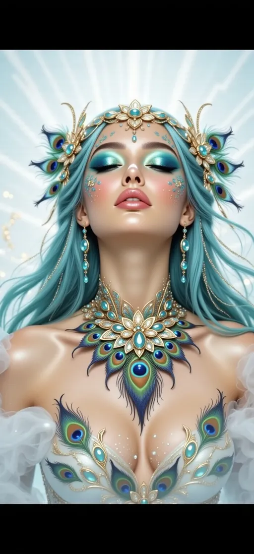 Prompt: This is a highly detailed digital artwork of a fantastical female figure, rendered in a hyper-realistic, semi-photographic style. The subject has a fair, smooth complexion and striking, large green eyes accentuated with elaborate teal and gold eye makeup. Her full lips are slightly parted, revealing a subtle, natural pink hue. She has long, flowing teal hair adorned with an ornate, golden headpiece featuring intricate patterns and gemstones, including a central turquoise gem. Her face is decorated with delicate, teal gemstone patterns on her cheeks and forehead, connected by fine, gold chains. She wears matching turquoise and gold earrings that dangle elegantly. Her neck is adorned with a lavish, gold and turquoise necklace that mirrors the headpiece's design, featuring peacock feather motifs and central turquoise gems. The background is a soft, gradient blue that enhances the subject's ethereal appearance. The image has a high contrast with black letterbox borders on the top and bottom, framing the subject's face. The overall aesthetic combines elements of fantasy, elegance, and opulence, with a focus on intricate details and luxurious textures. The style is reminiscent of fantasy portrait art, blending realism with mythical, ornate elements. @VXK2RHJvvjwyCKoZxydz 