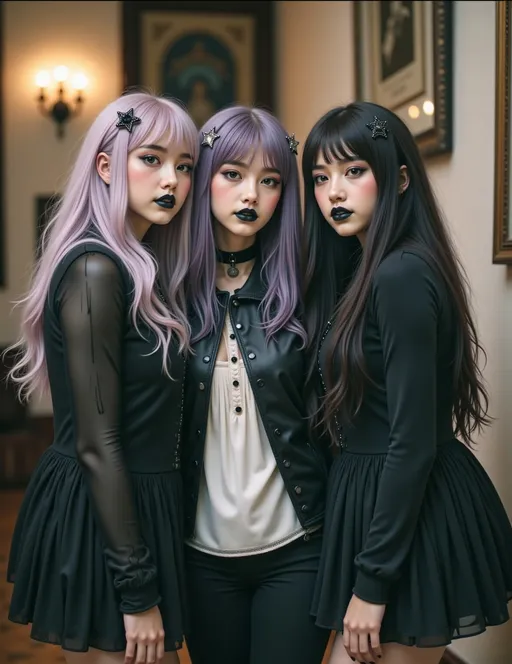 Prompt: Photograph of two young women with pale skin and light purple hair, styled in shoulder-length waves with black star hairpins. They are standing close, gazing into each other's eyes with intense expressions. The woman on the left wears a white, long-sleeved blouse with black velvet vest and has dark lipstick and black nail polish. The woman on the right wears a sheer black top with lace sleeves and also has dark lipstick and black nail polish. Both women have makeup with dark eyeshadow and eyeliner, enhancing their gothic look. The background is softly lit with a warm, yellowish glow from a chandelier, creating an intimate, vintage atmosphere. Their hands are gently touching in the center, adding a sense of connection and intimacy. The overall color palette is dark and muted, with black, white, and purple tones dominating the image. The photograph has a soft focus, adding a dreamy, almost ethereal quality to the scene. @6xxJ71BrCUVJW7kKjexI 