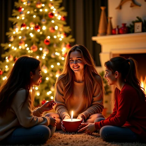 Prompt: @6xxJ71BrCUVJW7kKjexIAt Home with Friends Around the Christmas Tree (indoor warm light)Inside a cozy home. Friends laugh around a decorated Christmas tree. Warm yellow lights reflect on her face.