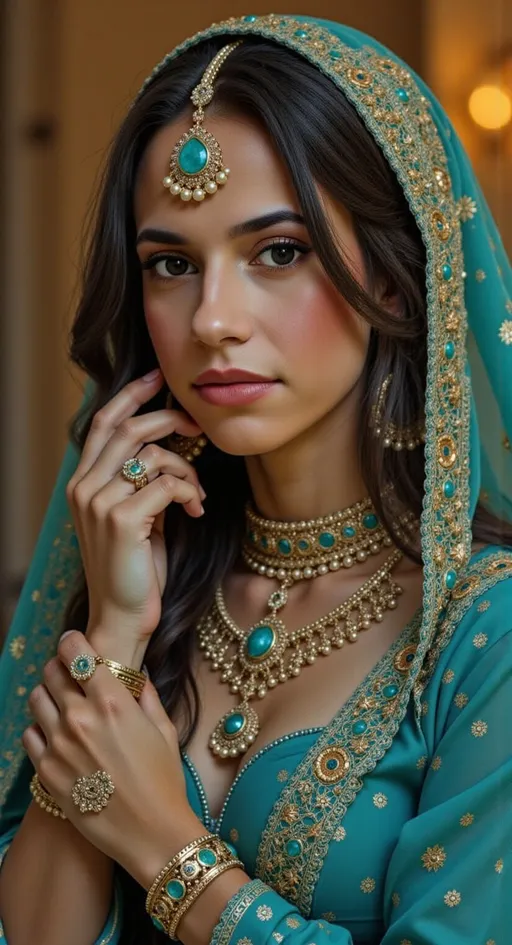 Prompt: This is a highly detailed, realistic photograph of a young woman with a strikingly beautiful face, captured in a close-up portrait. She has fair, smooth skin with a slight blush on her cheeks, and her facial features are delicate and symmetrical. Her eyes are a striking, vibrant blue, framed by long, dark lashes. She has full, slightly parted lips with a natural pink hue. Her hair is a light brown with subtle blonde highlights, styled in loose, slightly messy waves that fall around her face, with some strands tucked behind her ears. She is wearing a black garment with a low neckline, but the focus is primarily on her face. The background is softly blurred, featuring a gradient of blue and yellow hues, which adds a dreamy, ethereal quality to the image. The lighting is soft and natural, highlighting her facial features and creating a gentle glow on her skin. The overall style of the photograph is modern and artistic, emphasizing natural beauty and a relaxed, yet captivating expression. The image has a shallow depth of field, keeping the focus sharply on her face while the background remains softly out of focus. @UTeOpKHd9YbLdC15YE8o