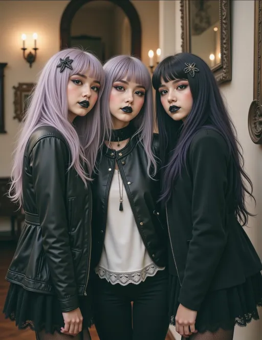 Prompt: Photograph of two young women with pale skin and light purple hair, styled in shoulder-length waves with black star hairpins. They are standing close, gazing into each other's eyes with intense expressions. The woman on the left wears a white, long-sleeved blouse with black velvet vest and has dark lipstick and black nail polish. The woman on the right wears a sheer black top with lace sleeves and also has dark lipstick and black nail polish. Both women have makeup with dark eyeshadow and eyeliner, enhancing their gothic look. The background is softly lit with a warm, yellowish glow from a chandelier, creating an intimate, vintage atmosphere. Their hands are gently touching in the center, adding a sense of connection and intimacy. The overall color palette is dark and muted, with black, white, and purple tones dominating the image. The photograph has a soft focus, adding a dreamy, almost ethereal quality to the scene. @6xxJ71BrCUVJW7kKjexI 