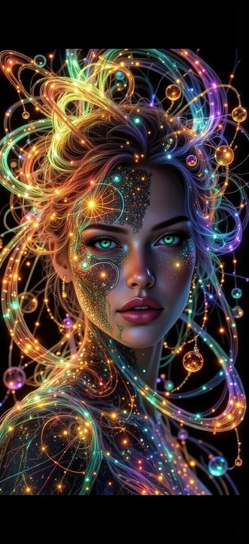 Prompt: This is a highly detailed, digital CGI portrait of a woman with an otherworldly, futuristic appearance. The subject's face is the focal point, dominated by intricate, glowing patterns that resemble neon circuitry or bioluminescent designs. These patterns are predominantly green and yellow, with some orange accents, and they cover her forehead, cheeks, nose, and chin, creating a symmetrical, almost tribal-like effect. Her skin is a rich, dark brown, contrasting starkly with the luminous patterns. Her eyes are a piercing green, matching the neon glow, and they are slightly narrowed, giving her a focused, intense expression. Her lips are full and painted a subtle, natural pink. She has long, dark braids that are intricately styled and adorned with small, glowing beads that match the neon patterns on her face. The background is entirely black, which makes the glowing patterns on her face stand out even more. The texture of the patterns appears to be smooth and liquid-like, as if they are part of her skin rather than applied to it. The overall style of the image is hyper-realistic, with a sci-fi or cyberpunk aesthetic. The image is highly detailed, with a focus on the contrast between the natural and the artificial. @VXK2RHJvvjwyCKoZxydz 