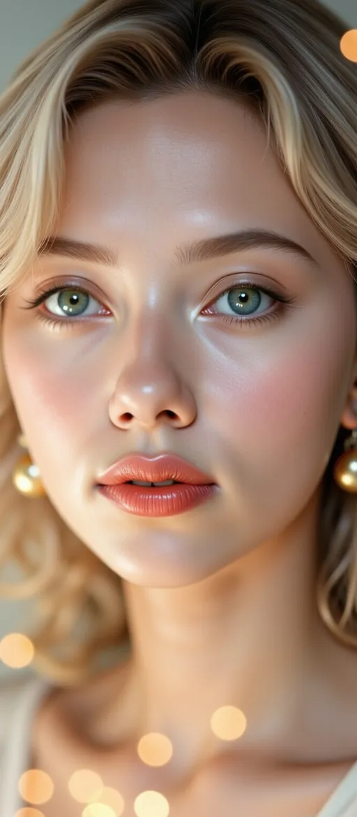 Prompt: This is a high-resolution, hyper-realistic digital portrait of a young woman with a fair complexion and delicate, symmetrical facial features. She has large, expressive light blue eyes with long, dark lashes, and full, slightly parted coral pink lips. Her straight, blonde hair frames her face, with a few strands gently falling across her forehead. Her skin is smooth and radiant, with a subtle blush on her cheeks. She wears small, gold, teardrop-shaped earrings that add a touch of elegance. The background is softly blurred, featuring out-of-focus golden bokeh lights that create a warm, dreamy effect. The lighting is soft and natural, highlighting the contours of her face and giving her skin a luminous glow. The image is centered on her face, with a slight upper body view, and she is wearing a white, off-shoulder top. The overall style of the portrait is modern and polished, with a focus on natural beauty and a serene expression. The image exudes a sense of calm and gentle beauty. @GXfGGKKyRas3IqmpIX8N