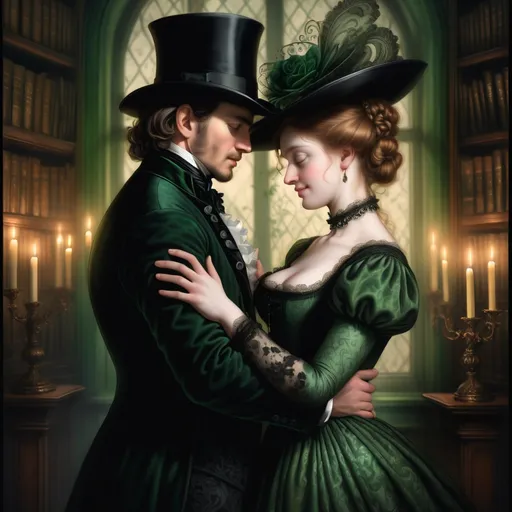 Prompt: Detailed 17th century etch, hatched portrait of a male and female holding each other tightly. the woman is wearing a velvet forest green dress with black lace. the man is in a black suit and top hat. The back ground is a dark library wall illuminated by candles