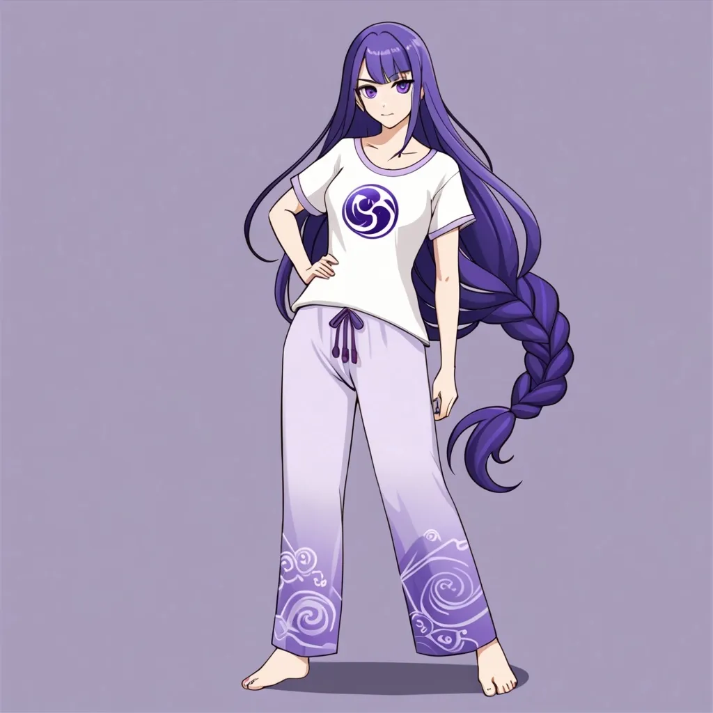 Prompt: Purple long haired and purple eyes anime young woman with full-body pijama, confortable outfit, trousers and t-shirt, attractive body, beautiful face. 
Similar to Raiden Shogun from Genshin Impact game