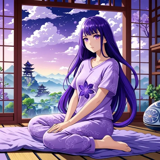 Prompt: Purple long haired and purple eyes anime young woman with full-body pijama, confortable outfit, trousers and t-shirt, attractive body, beautiful face. 
Similar to Raiden Shogun from Genshin Impact game