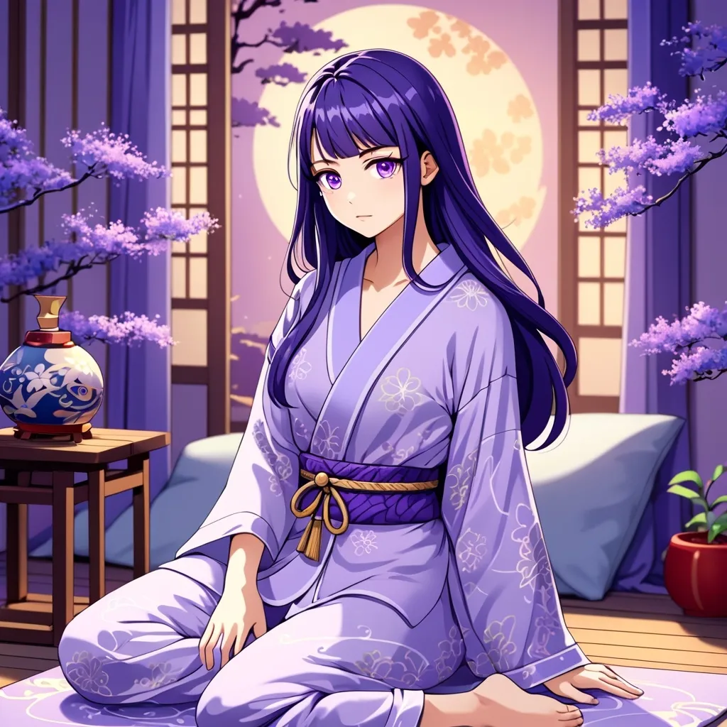 Prompt: Purple long haired and purple eyes anime young woman with full-body pijama, confortable outfit, attractive body, beautiful face. 
Similar to Raiden Shogun from Genshin Impact game