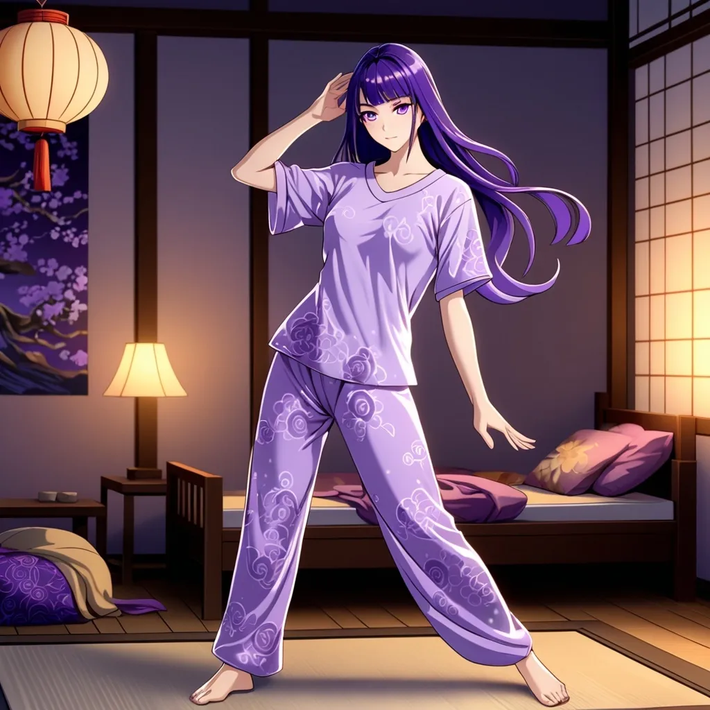 Prompt: Purple long haired and purple eyes anime young woman with full-body pijama, confortable outfit, trousers and t-shirt, attractive body, beautiful face. 
Similar to Raiden Shogun from Genshin Impact game