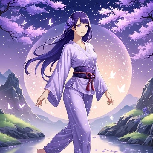 Prompt: Purple long haired and purple eyes anime young woman with full-body long pijama, confortable outfit, trousers and t-shirt, attractive body, beautiful face. 
Similar to Raiden Shogun from Genshin Impact game