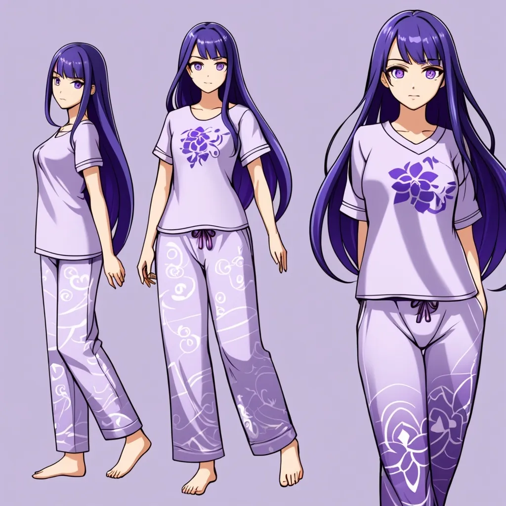 Prompt: Purple long haired and purple eyes anime young woman with full-body long pijama, confortable outfit, trousers and t-shirt, attractive body, beautiful face. 
Similar to Raiden Shogun from Genshin Impact game