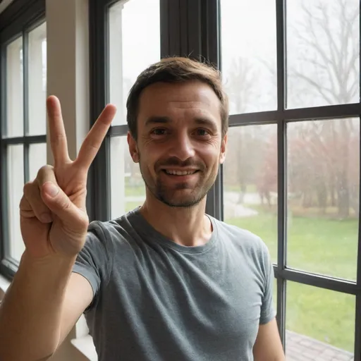 Prompt: A man selfie in house.  The man is making a V sign using two fingers with the hand opposite to the hand holding the camera. background is a window consist of glass. outside of window,  weather is sunny.