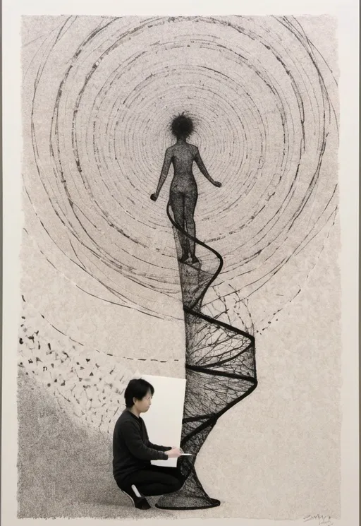 Prompt: a drawing of a spiral design on a piece of paper with writing on it and a drawing of a man, Chiharu Shiota, kinetic pointillism, spirals, an abstract drawing