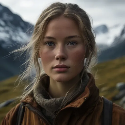 Prompt: Young Norwegian woman in the mountains 