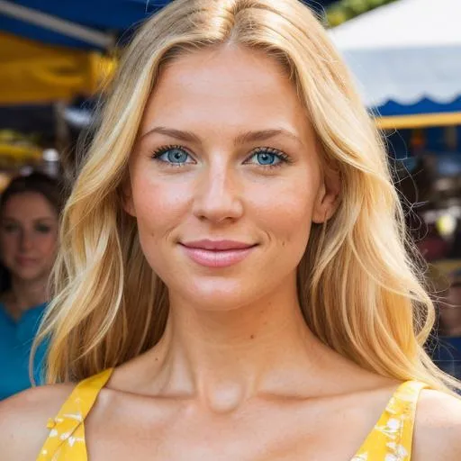 Prompt: Photorealistic depiction of a beautiful blonde woman with blue eyes and fair skin, anatomically accurate, wearing a yellow sun dress, walking in a vibrant outdoor market, detailed facial features and expression, realistic lighting and shadows, high quality, photorealistic, outdoor market, blonde woman, blue eyes, fair skin, detailed facial features, anatomically accurate, yellow sun dress, vibrant, detailed lighting, realistic shadows