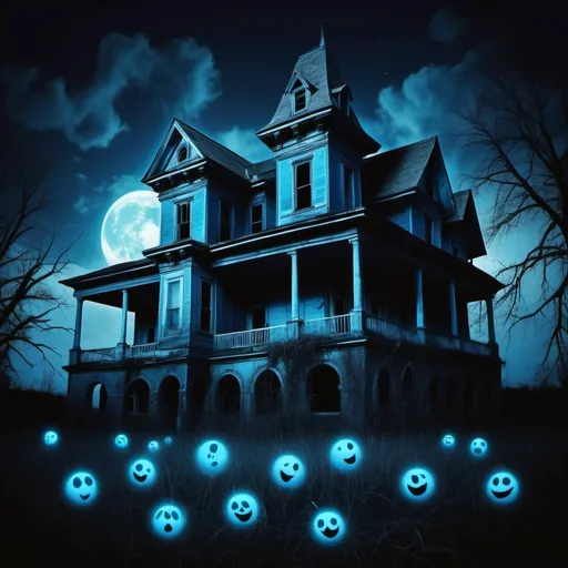 Prompt: Haunted abandoned house with ghosts and orbs at night with blue hues
