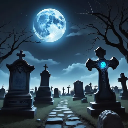 Prompt: HAunted graveyard with blue moon anime style

