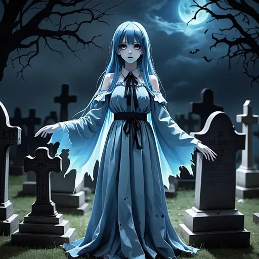 Prompt: HAunted graveyard with blue anime girl ghost

