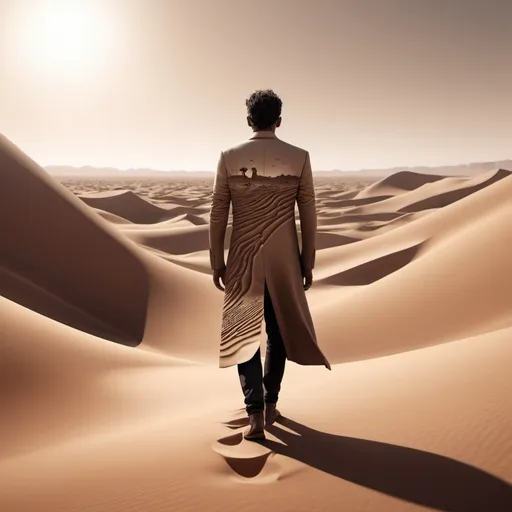 Prompt: A man as a desert. His body is the desert. there’s a silhouette illusion of desert aspects embedded into the very fiber of his being. The desert shapes the man, it becomes his skin, his hair, his clothes. amazing detailed and stunning., architecture, cinematic, poster, 3d render, typography