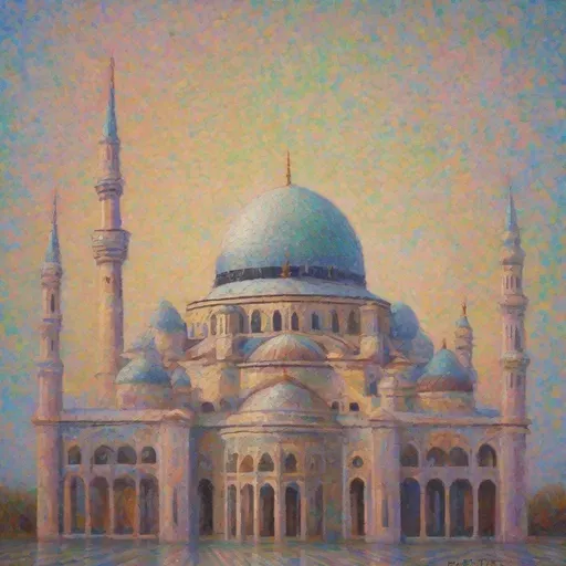 Prompt: A portrait painting of a Mosque, in the pointillism style of Claude Monet, with soft pastel colors.