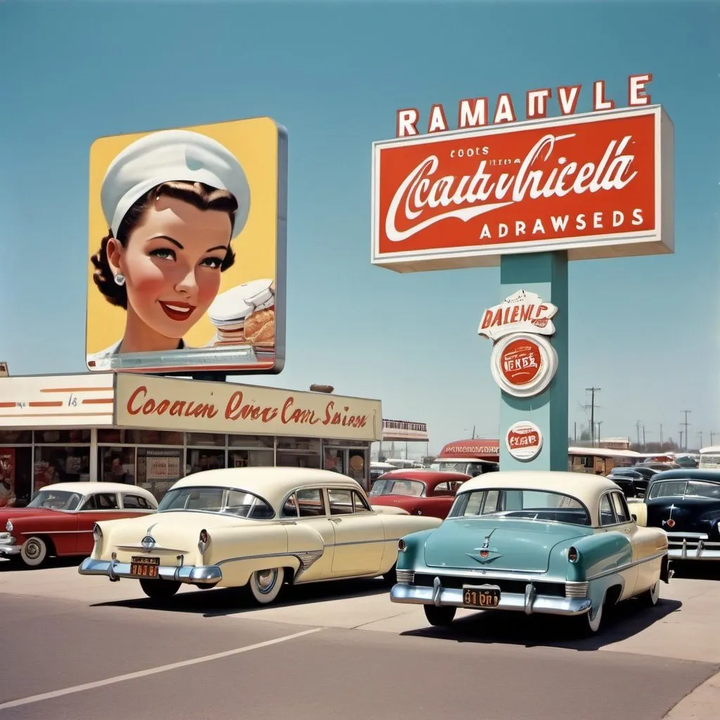 Prompt: 1950's style roadside advertisements for goods and services, retrofuturism

