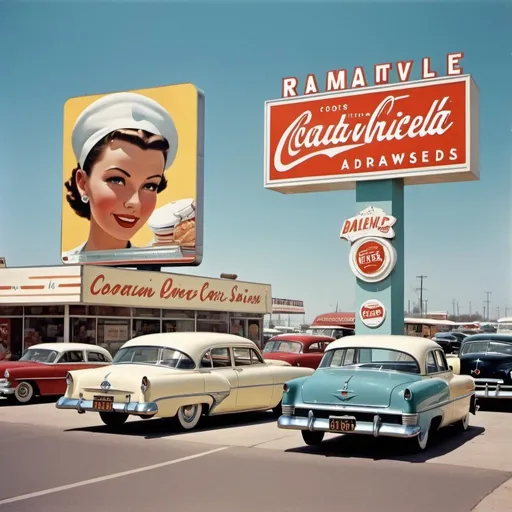 Prompt: 1950's style roadside advertisements for goods and services, retrofuturism

