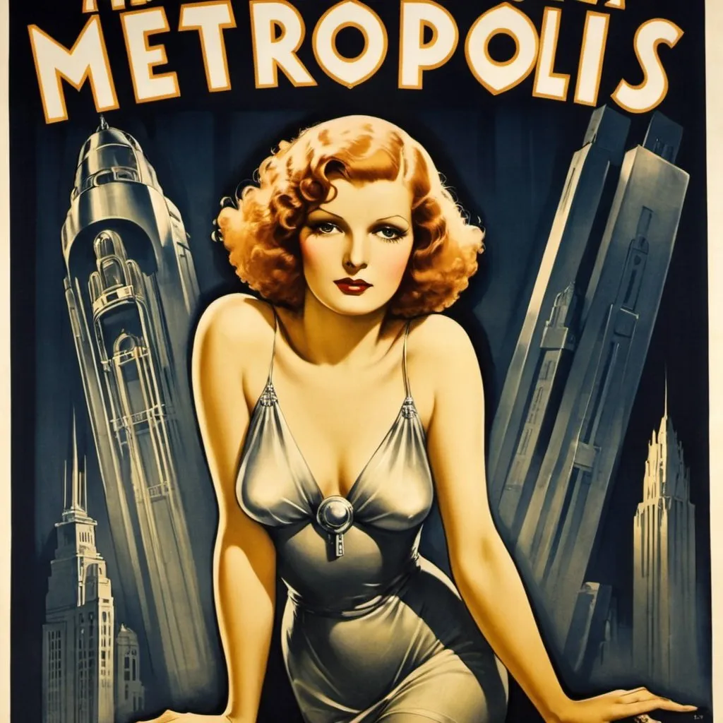 Prompt: "Metropolis" 1927 Movie Poster, starring Rita Hayworth