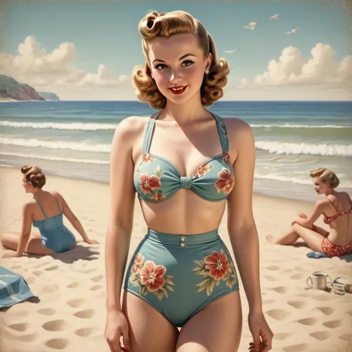 Prompt: Young lady in 1940's beach fashion, realistic color rendering, sandy beach setting, vintage swimsuit with floral pattern, retro hairstyle with victory rolls, holding a gasket, detailed facial features, realistic lighting, high quality, color realism, vintage, beach, detailed expression, classic fashion, sandy beach, retro hair, vintage swimsuit, relaxed atmosphere, detailed legs, beach setting, sunny lighting