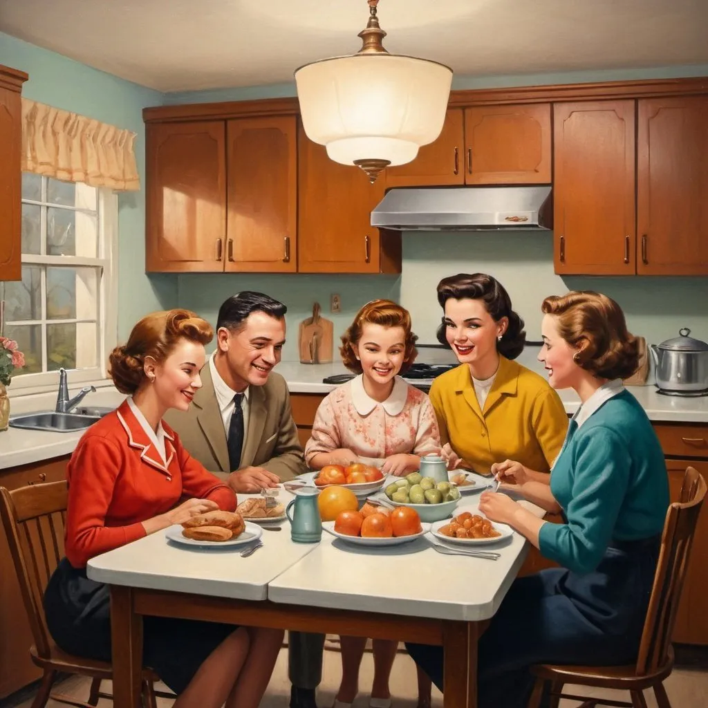 Prompt: 1950s mid century kitchen, family gathered around the table, vintage oil painting, warm and nostalgic, detailed facial features, traditional family scene, soft lighting, colorful and cozy, high quality, oil painting, mid century, vintage, traditional, family gathering, warm tones, nostalgic, detailed faces, cozy atmosphere, soft lighting