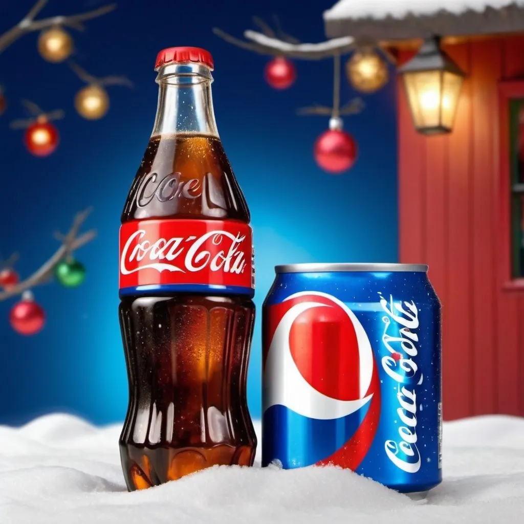 Prompt: Create a montage image for Christmas with coke bottle and Pepsi can