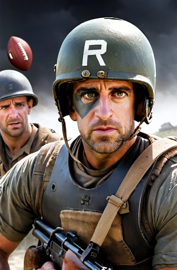 Prompt: saving private ryan with aaron rodgers in war helmet