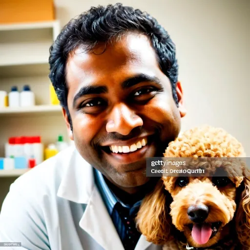 Prompt: (poodle dog face), (Dr. JLCS Perera male veterinarian), warm color tones, vibrant and cheerful ambiance, the veterinarian wearing a white coat, kneeling beside the poodle, smiling and interacting gently, with veterinary tools on a nearby table, in a cozy clinic setting filled with light, ultra-detailed, HD quality, welcoming and friendly atmosphere, soft-focus background blending with medical posters and pet supplies.