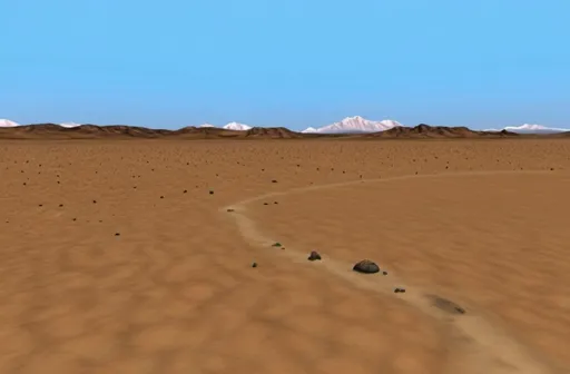 Prompt: A barren, desert landscape, with mountains in the distance. Prominent rocks jut out from the ground. Small clouds in a pale blue sky. Realistic, high quality. 