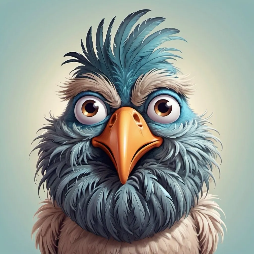 Prompt: Hilarious cartoon illustration of an extremely hairy bird, , exaggerated feather details, comical facial expression,  and whimsical vibe, high quality,  exaggerated feathers, cartoon graphic, playful, whimsical, detailed feathers friendly face